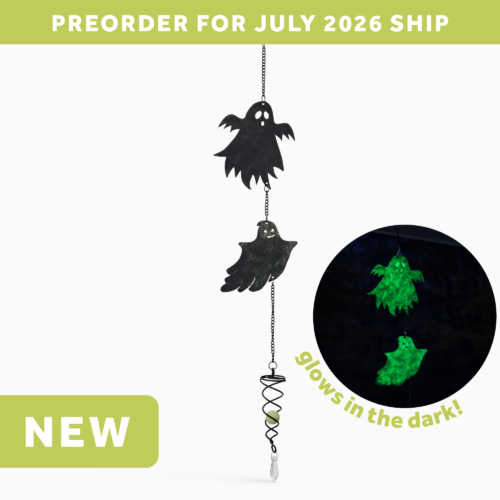 wholesale glow in the dark hanging garden wind spinner featuring 2 friendly ghosts. this is shown glowing in the dark and on a white background. text says: preorder for july 2026 ship. NEW. Glows in the dark.