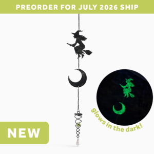 wholesale halloween glow in the dark hanging garden wind spinner featuring a witch on a broomstick and a crescent moon. text says: preorder for july 2026 ship. NEW. Glows in the dark! this is shown glowing in the dark and on a white background