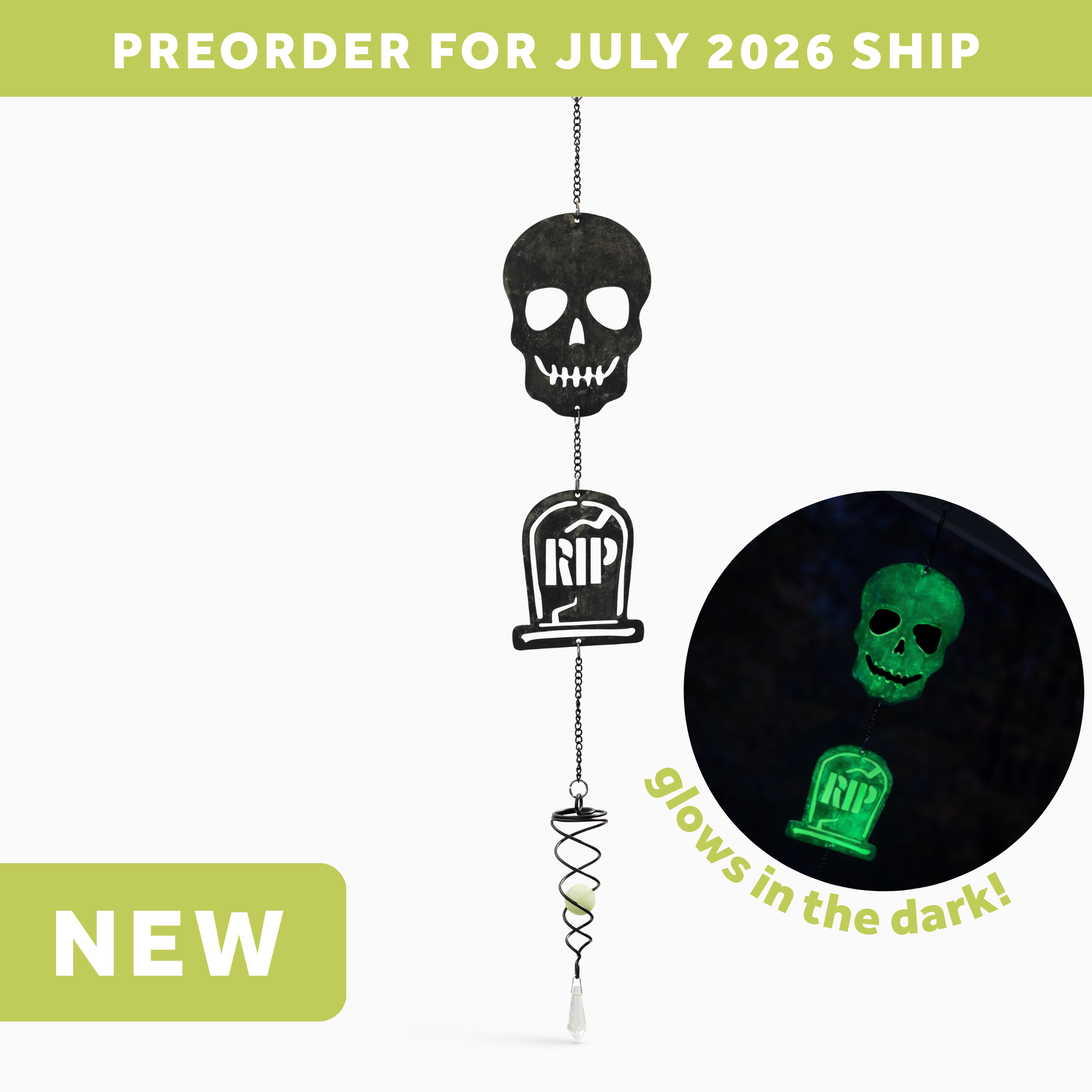 wholesale halloween glow in the dark hanging garden wind spinner featuring a skull and tombstone that shows the letters RIP. text says preorder for july 2026 ship. NEW.
