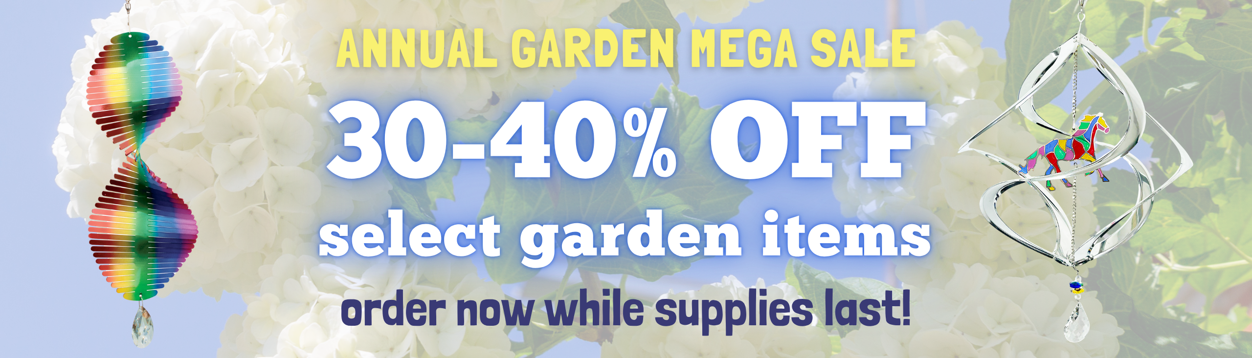 Annual Garden Mega Sale - select wholesale garden items 30 - 40% off. Image features a wholesale bass fish garden rocker, wholesale butterfly garden rocker, wholesale norman rockwell wind chime bell, wholesale butterfly wind chime.