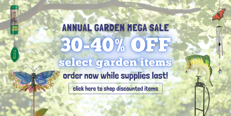Annual Garden Mega Sale - select wholesale garden items 30 - 40% off. Image features a wholesale bass fish garden rocker, wholesale butterfly garden rocker, wholesale norman rockwell wind chime bell, wholesale butterfly wind chime.