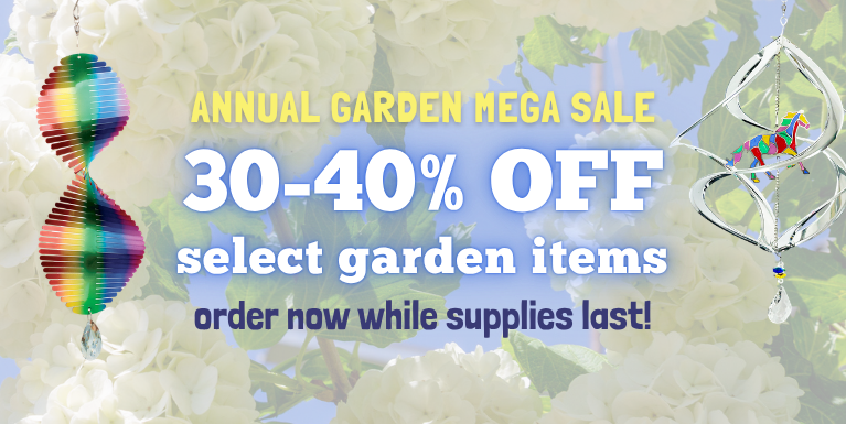 Annual Garden Mega Sale - select wholesale garden items 30 - 40% off. Image features a wholesale bass fish garden rocker, wholesale butterfly garden rocker, wholesale norman rockwell wind chime bell, wholesale butterfly wind chime.